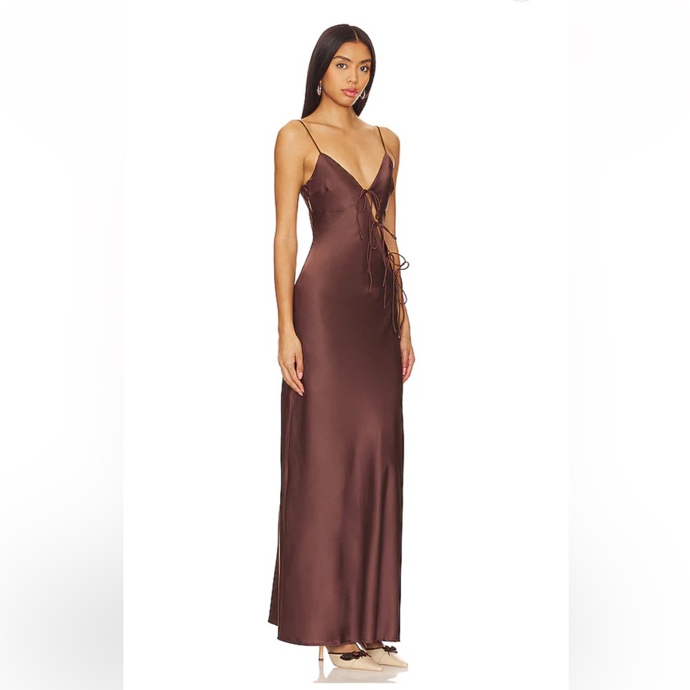Lioness Brown Satin Slip Dress with Side Lace-Up - Picture 2 of 3